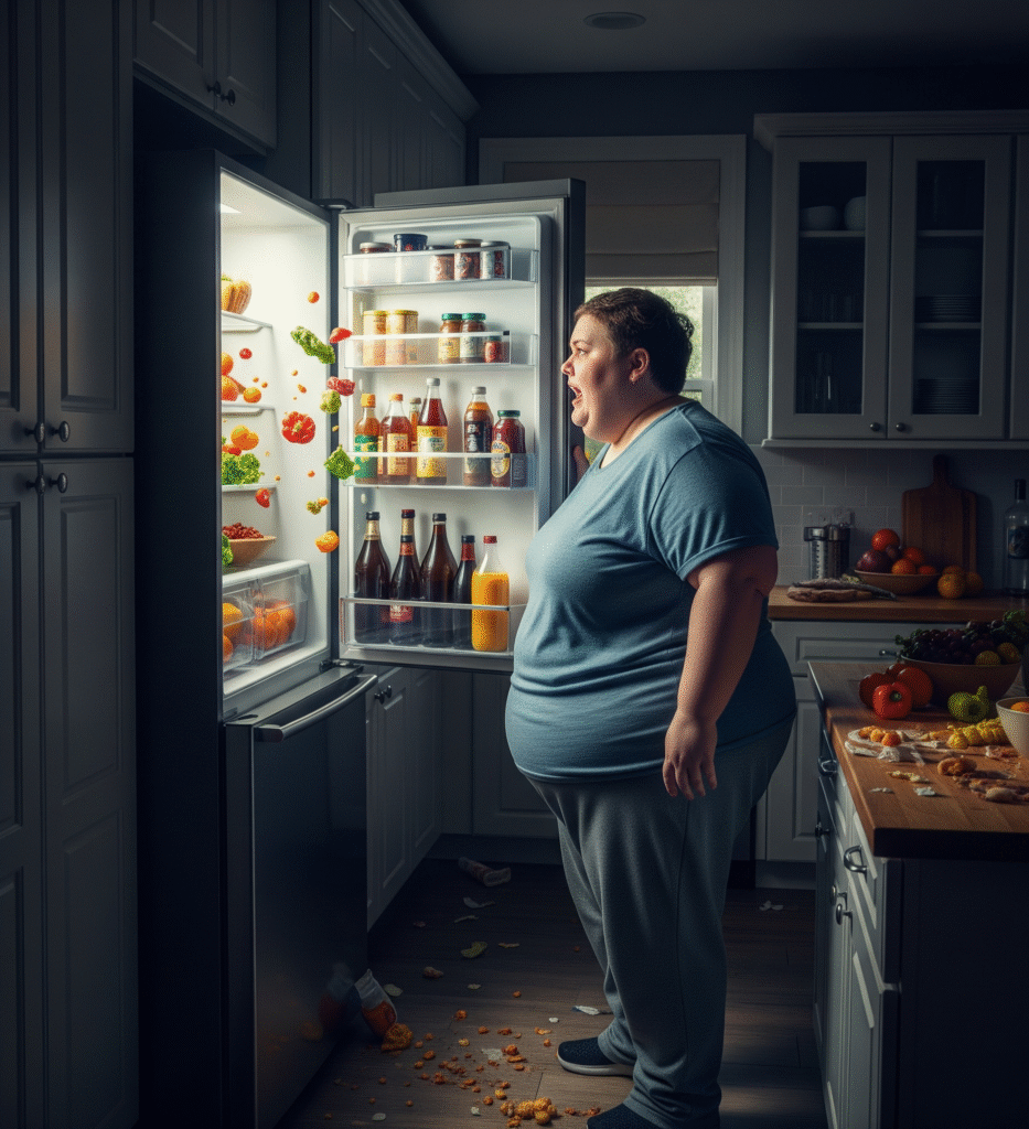 obesa-olhando-pra-geladeira-933x1024 10 Alimentos Inflamatórios Que Aumentam a Gordura Abdominal e 10 Suplementos Que Ajudam a Resolver a Inflamação
