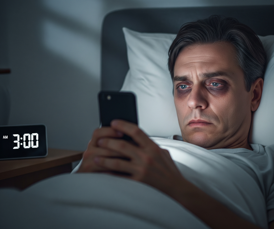 homem com olheira olhando pra tela do celular