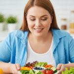 mulher olhando pro prato de dieta