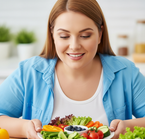 mulher olhando pro prato de dieta
